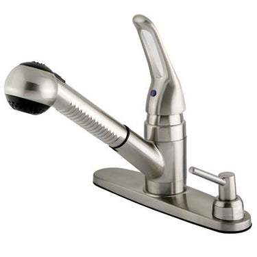 Kingston Brass GKB708SPDK Water Saving Wyndham Pull-out Kitchen Faucet with Single Loop Handle, Matching Wand and Soap Dispenser, Satin Nickel Kitchen Faucet Kingston Brass